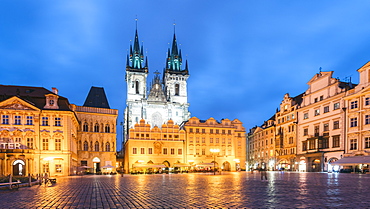 Illuminated Old Town Square with Our Lady Tyn Church at night, Prague, UNESCO World Heritage Site, Czech Republic, Europe