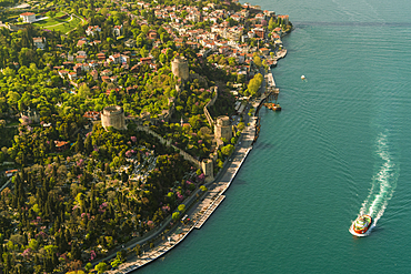 Rumli Hisar (Rumelian Castle) (Rumelihisari) hilltop 15th century fortress with multiple towers, walking paths and water views, Istanbul, Turkey, Europe