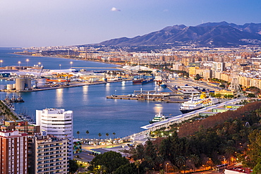 View from the view point of Gibralfaro by the castle with the harbor of Malaga at sunrise, Malaga, Andalusia, Spain, Europe