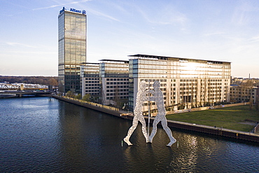 Aerial view of the Molecule Man statue and the Treptowers by the Spree River, Berlin, Germany, Europe