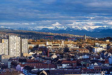 View of Zurich from above with mountains in the background, Zurich, Switzerland, Europe