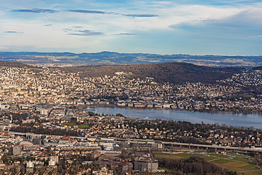 View of Zurich lake and city with the mountains in the background from Uetli mountain, Zurich, Switzerland, Europe