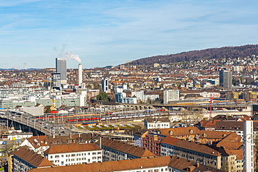 View of Zurich from above with mountains in the background, Zurich, Switzerland, Europe