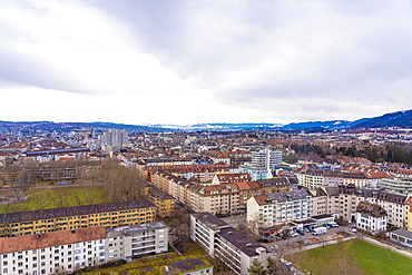 view of Zurich from above with mountains in the background, Zurich, Switzerland