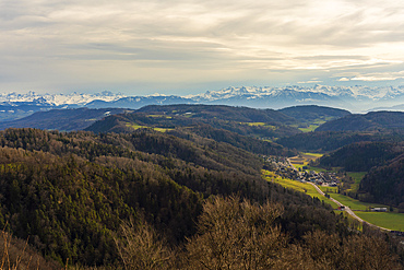 Panoramic landscape view of nature surrounding Zurich with mountains in the background