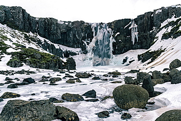 Gufufoss waterfall frozen in winter, Iceland, Polar Regions