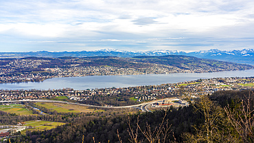 Panoramic view of zurich lake from above