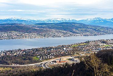 Panoramic view of zurich lake from above