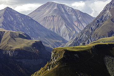 Beautiful light cast on the monument, Gergeti, Georgia, Central Asia, Asia