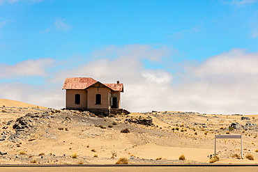 An abandoned and ruined train station named Grasplatz in the town Luderitz within the Spergbeit Diamond Region, Namibia, Africa