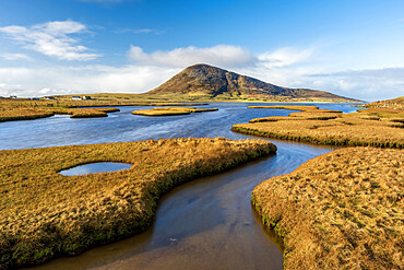 Northton Saltings backed by Ceapabhal, near Scarista, Isle of Harris, Outer Hebrides, Scotland, United Kingdom, Europe