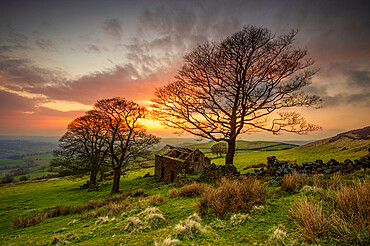 Derelict barn at sunset, Roach End, The Roaches, Peak District, Staffordshire, England, United Kingdom, Europe