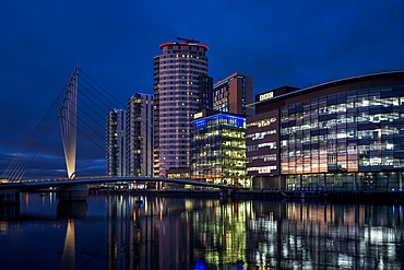 MediaCity and swingbridge at night Salford Quays, Manchester