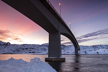 Fredvang Bridge at night, Lofoten, Arctic, Norway, Europe