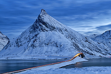 Fredvang Bridge at night with light trails, Lofoten, Arctic, Norway, Europe