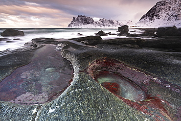 Rock formation at Uttakleiv Beach, Vestvagoy, Lofoten Islands, Nordland, Arctic, Norway, Europe