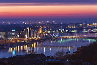Dawn colours over the River Danube with Elisabeth Bridge and Liberty Bridge, UNESCO World Heritge Site, Budapest, Hungary, Europe