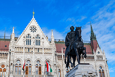 The Hungarian Parliament Building and statue of Gyula Andressy, Budapest, Hungary, Europe