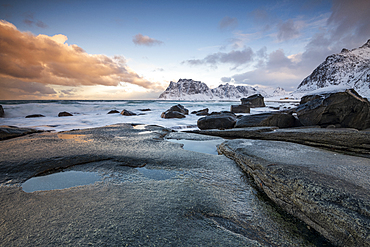 Rock formations at Uttakleiv Beach, Vestvagoy, Lofoten Islands, Nordland, Arctic, Norway, Europe