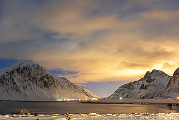 The night sky with mountain range in winter, Reine, Lofoten Islands, Nordland, Arctic, Norway, Europe