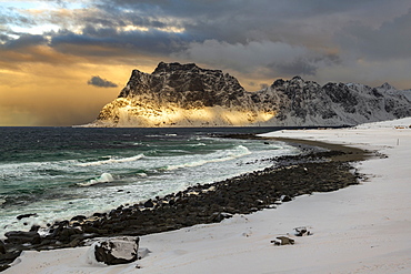 Storm clouds at Uttakleiv Beach, Vestvagoy, Lofoten Islands, Nordland, Norway, Europe