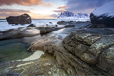 Winter scene at Haukland Beach, Lofoten, Nordland, Norway, Europe