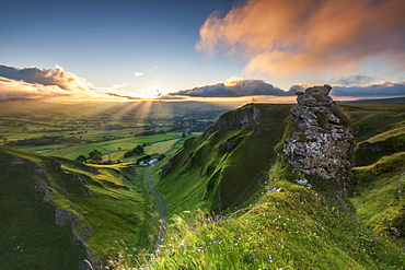 Sunrise above Edale Valley from Winnats Pass, Hope Valley, Peak District, Derbyshire, England, United Kingdom, Europe