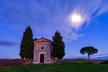 Vitaleta Church (Madonna di Vitaleta) in moonlight, San Quirico d'Orcia, Val d'Orcia, UNESCO World Heritage Site, Tuscany, Italy, Europe