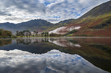 Buttermere reflections in the lake, Lake District National Park, UNESCO World Heritage Site, Cumbria, England, United Kingdom, Europe