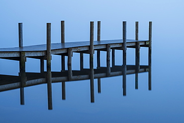 The new Brandlehow Jetty shrouded in morning mist, Derwentwater, Lake District National Park, UNESCO World Heritage Site, Cumbria, England, United Kingdom, Europe