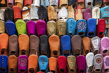 Colourful babouche slippers for sale in the Marrakech souks, Place Djemaa El Fna, Marrakech, Morocco, North Africa, Africa