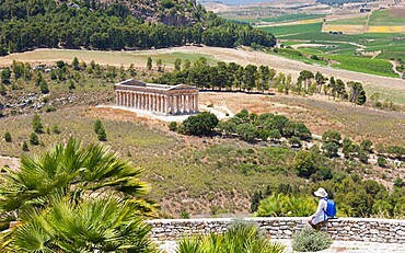 Visitor admiring view over the magnificent Doric temple at the ancient Greek city of Segesta, Calatafimi, Trapani, Sicily, Italy, Mediterranean, Europe