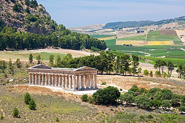 Magnificent Doric temple amongst rolling hills at the ancient Greek city of Segesta, Calatafimi, Trapani, Sicily, Italy, Mediterranean, Europe