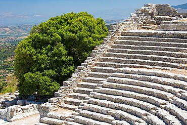 Well-preserved remains of the Greek theatre on Monte Barbaro at the ancient city of Segesta, Calatafimi, Trapani, Sicily, Italy, Mediterranean, Europe