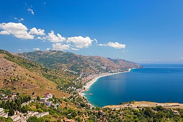 View from the Greek Theatre to the Ionian Sea beach resorts of Mazzeo and Letojanni, Taormina, Messina, Sicily, Italy, Mediterranean, Europe