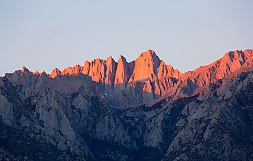 View from the Alabama Hills to the summit of Mount Whitney, sunrise, Lone Pine, Owens Valley, California, United States of America, North America