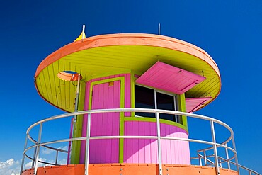 Colourful beach lifeguard station, low angle view, Art Deco Historic District, South Beach, Miami Beach, Florida, United States of America, North America