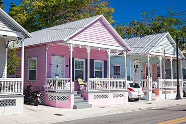 Typical pastel-coloured wooden houses on Truman Avenue, Old Town, Key West, Florida Keys, Florida, United States of America, North America