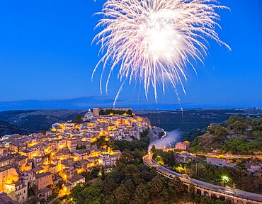 View over Ragusa Ibla, dusk, fireworks marking the Festival of San Giorgio, Ragusa, UNESCO World Heritage Site, Ragusa Province, Sicily, Italy, Europe