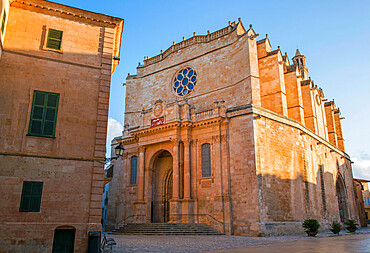 Golden sandstone facade of the Cathedral of Santa Maria, sunrise, Ciutadella (Ciudadela), Menorca, Balearic Islands, Spain, Mediterranean, Europe