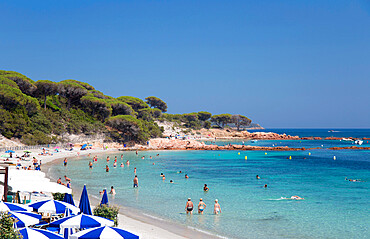 Tourists relaxing in shallow turquoise water off the Plage de Palombaggia, Porto-Vecchio, Corse-du-Sud, Corsica, France, Mediterranean, Europe