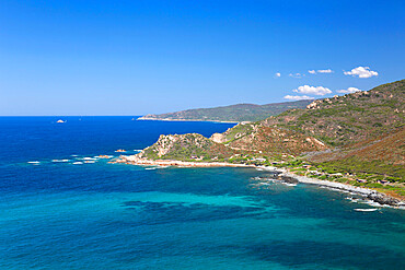 View along the Mediterranean Sea coastline from hillside path near Pointe de la Parata, Ajaccio, Corse-du-Sud, Corsica, France, Mediterranean, Europe