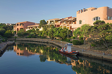 View across the still waters of the harbour, early morning, Porto Cervo, Arzachena, Sassari, Sardinia, Italy, Mediterranean, Europe