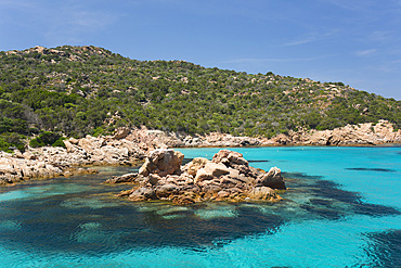 Typical granite rock formations in turquoise sea off Cala Granara, Spargi Island, La Maddalena Archipelago National Park, Sassari, Sardinia, Italy, Mediterranean, Europe