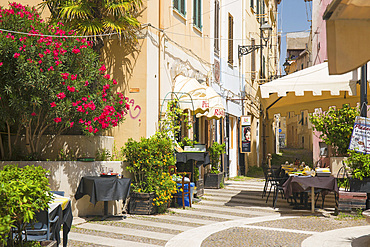 A colourful corner of Piazza Sventramento in the heart of the Old Town, Alghero, Sassari, Sardinia, Italy, Mediterranean, Europe