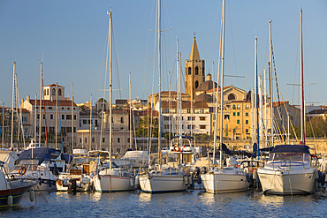 Yachts moored in marina beneath the Old Town walls, sunrise, bell tower of the cathedral prominent on skyline, Alghero, Sassari, Sardinia, Italy, Mediterranean, Europe