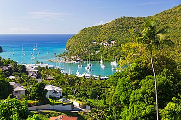 View over the village and harbour to the Caribbean Sea, Marigot Bay, Castries, St. Lucia, Windward Islands, Lesser Antilles, West Indies, Caribbean, Central America