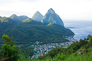 View to the Pitons, UNESCO World Heritage Site, from hillside above the town and the Caribbean Sea beyond, Soufriere, St. Lucia, Windward Islands, Lesser Antilles, West Indies, Caribbean, Central America