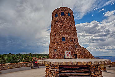 The upper half of the Desert View Watchtower viewed from the observation deck at Grand Canyon South Rim, UNESCO World Heritage Site, Arizona, United States of America, North America