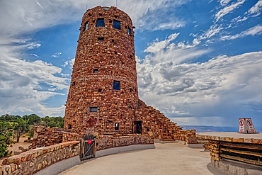 The upper half of the Desert View Watchtower viewed from the observation deck at Grand Canyon South Rim, UNESCO World Heritage Site, Arizona, United States of America, North America